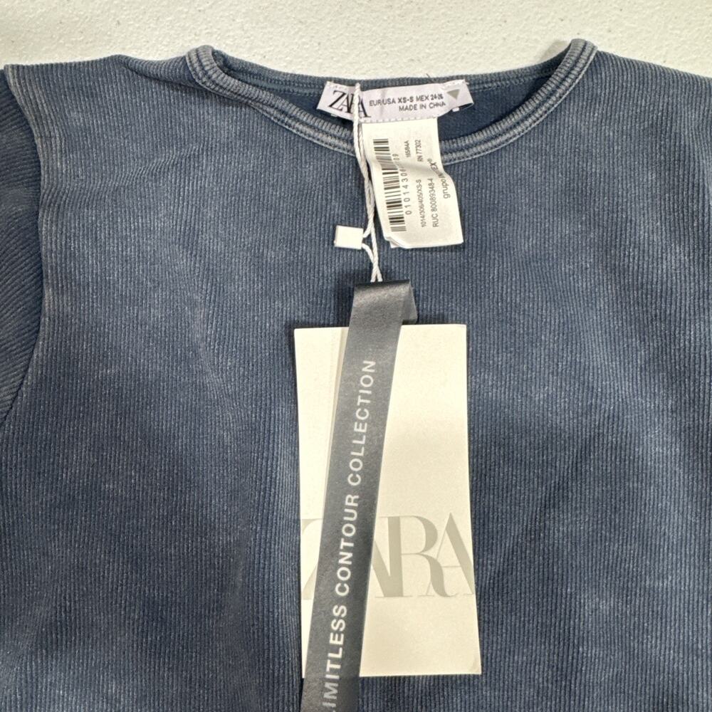 Zara Crop Top Crew Neck Pullover Stretch Long Sleeve Faded Blue Size XS Stylish - Picture 3 of 9